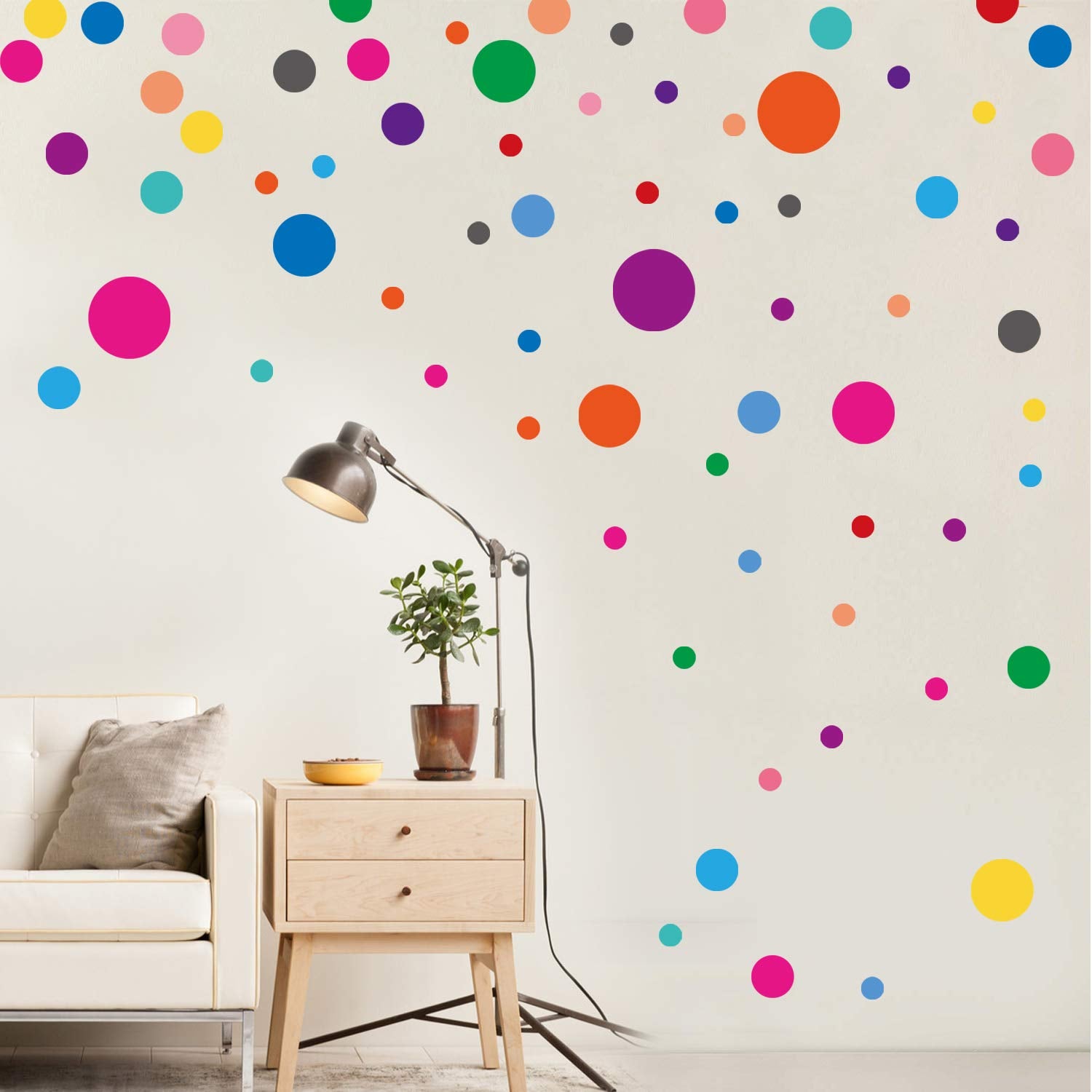 PARLAIM polka dots brighten the bedroom wall with playful color accents