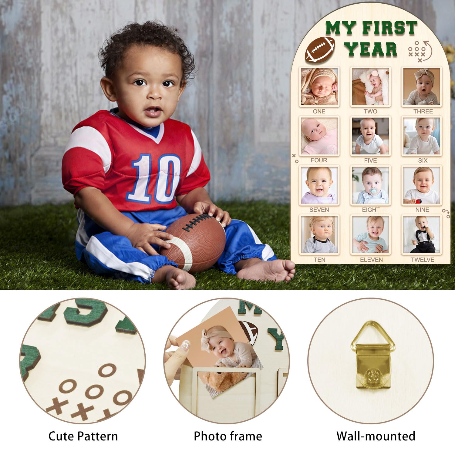 Partico wooden milestone board close-up of 4x4 inch photo spaces