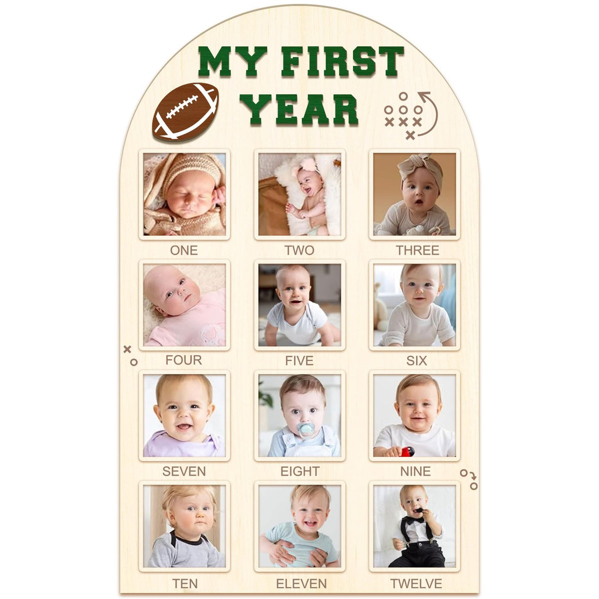 Partico My First Year Photo Board front view showing warm wooden frame