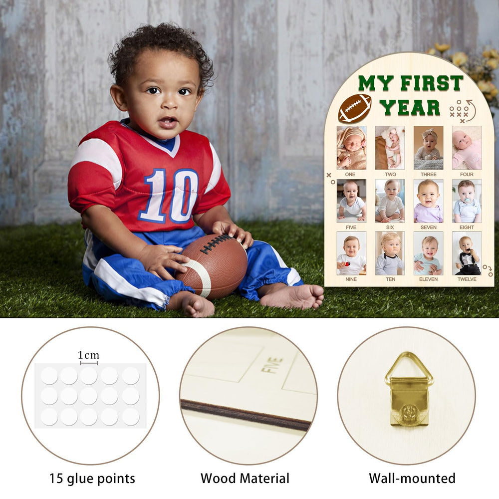 Partico My First Year Photo Board wood-texture detail highlights natural edge charm for nursery decor.