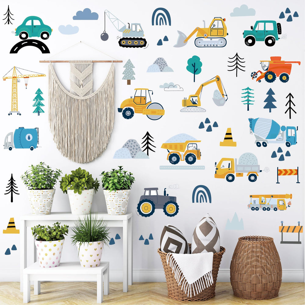 Partygarden Construction Crane decals provide vivid accents for a playful learning space