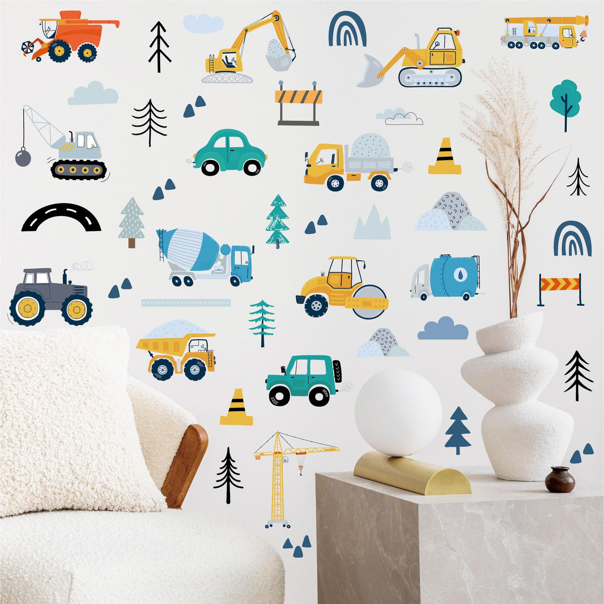 Partygarden Construction Trucks wall decals brighten kids' playroom and spark imagination