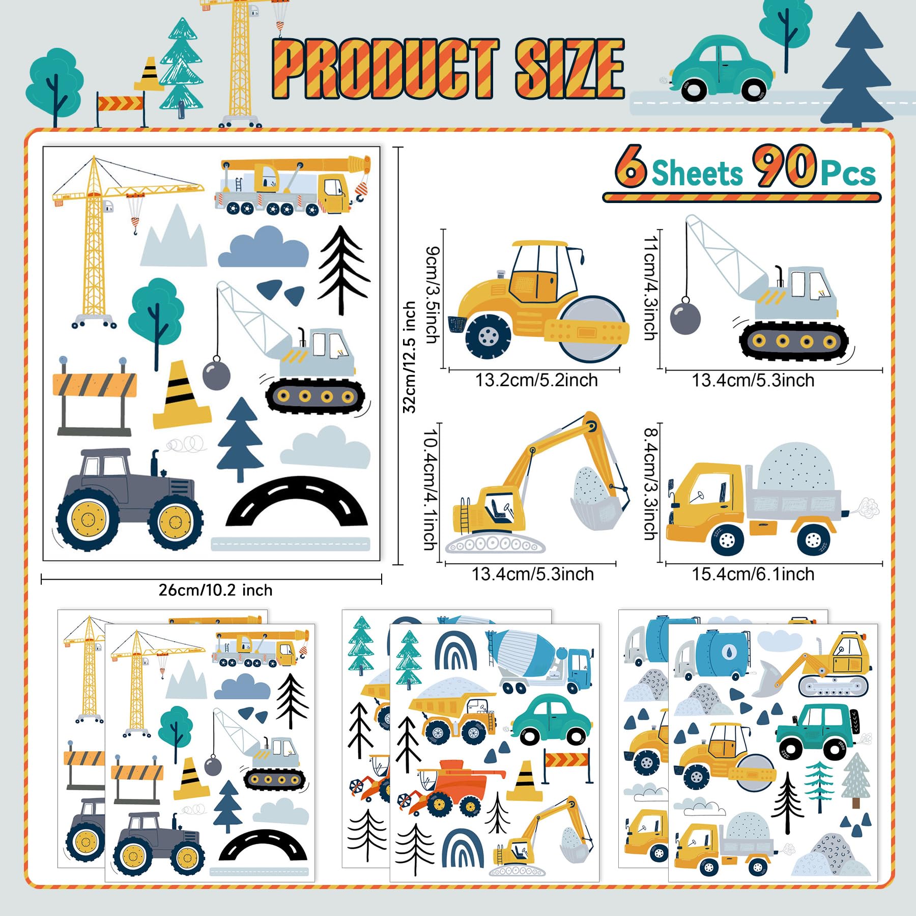 Partygarden Construction Vehicles wall decals offer easy peel installation and wall-safe decor