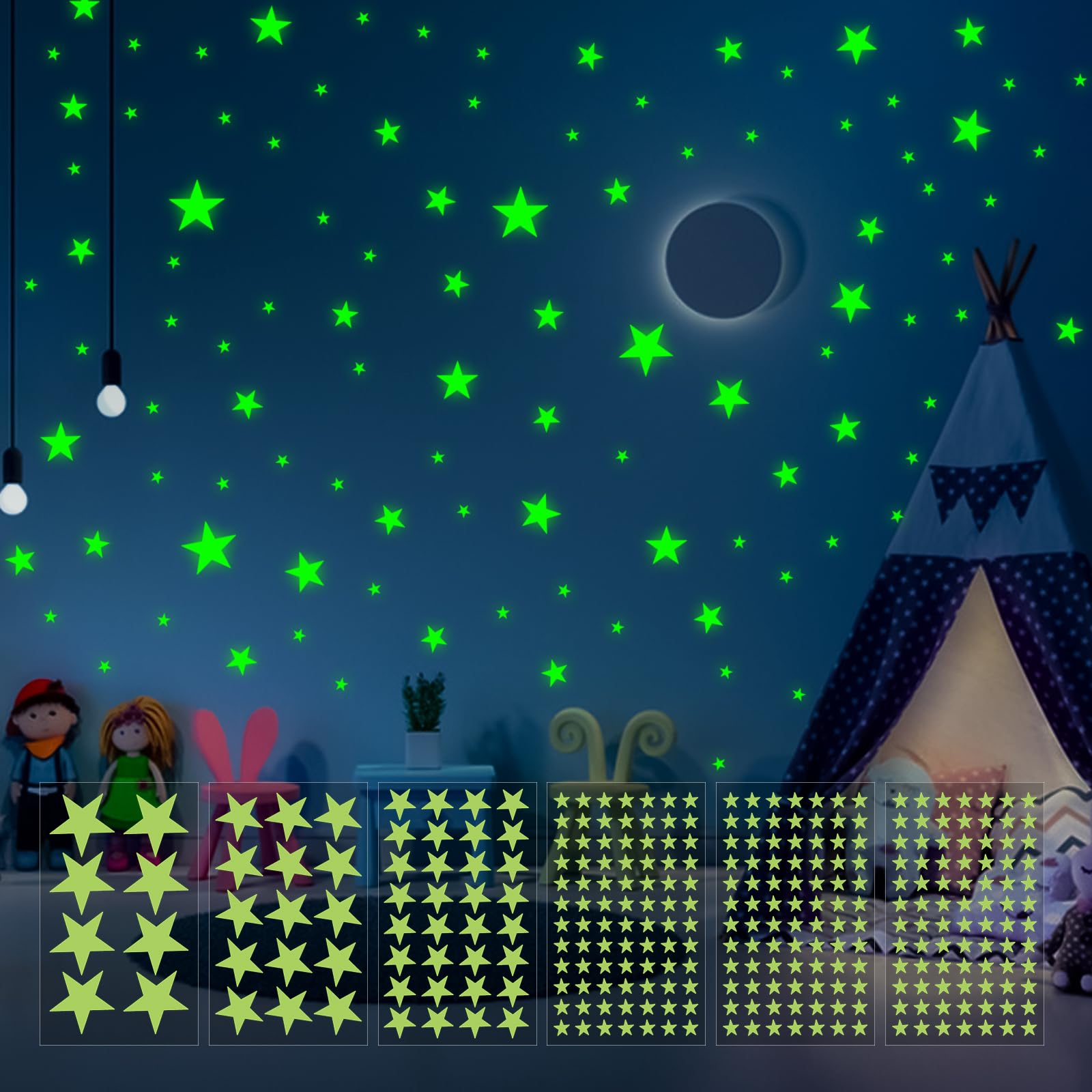 PartyGarden glow stars 6-sheets pack creates bedtime ambient glow for kids' room.