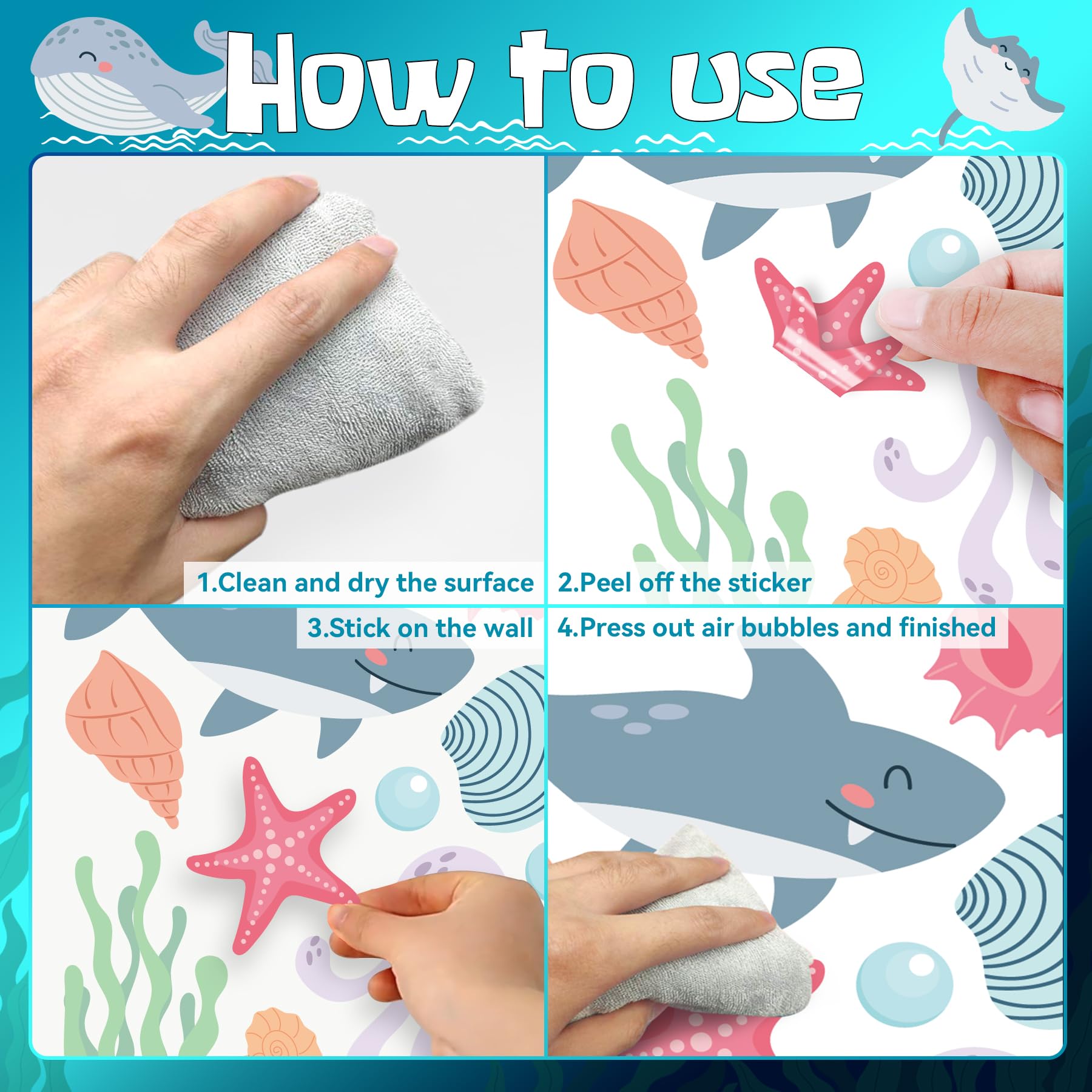 PartyGarden ocean animals wall decals application-demo demonstrates easy peel-and-stick for updates.