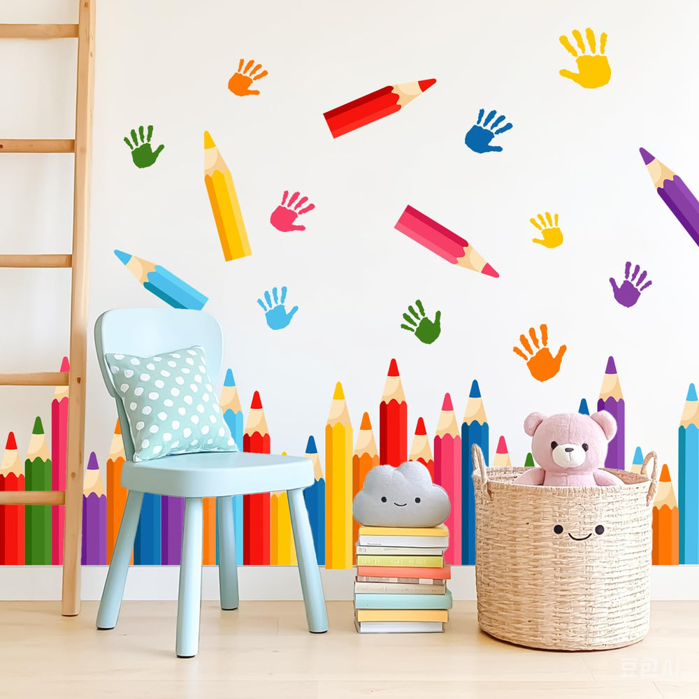 PartyGarden pencil handprints wall design adds playful inspiration for learning spaces.