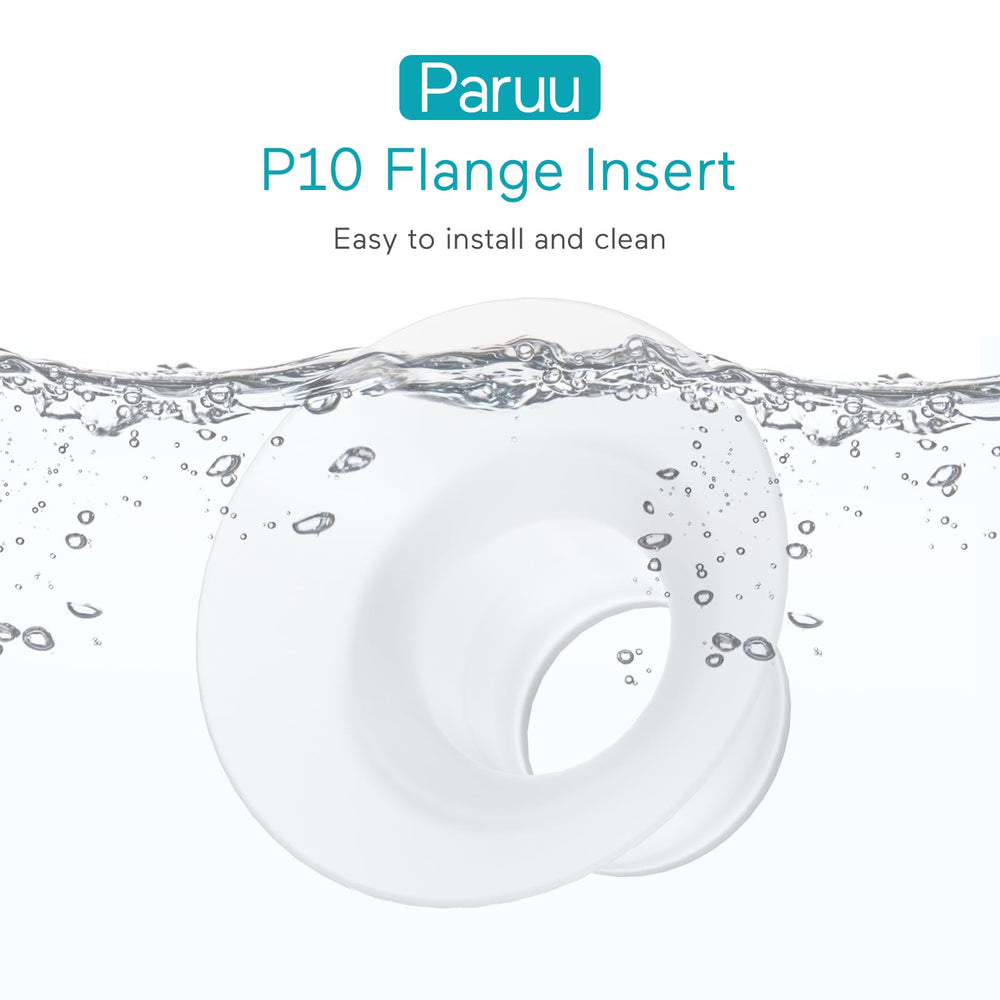 Paruu P10 wearable pump with flange insert in use for hands-free pumping.