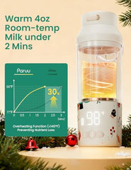 Paruu warmer beige clipped to stroller for on-the-go feeding.