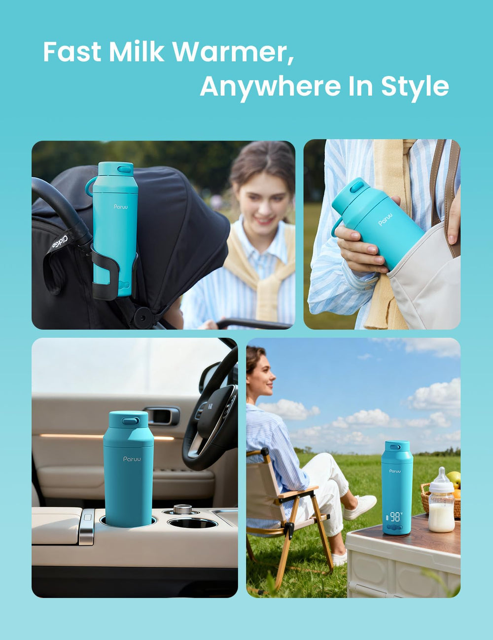 Paruu portable bottle warmer wipe-clean wide mouth for on-the-go sanitation.