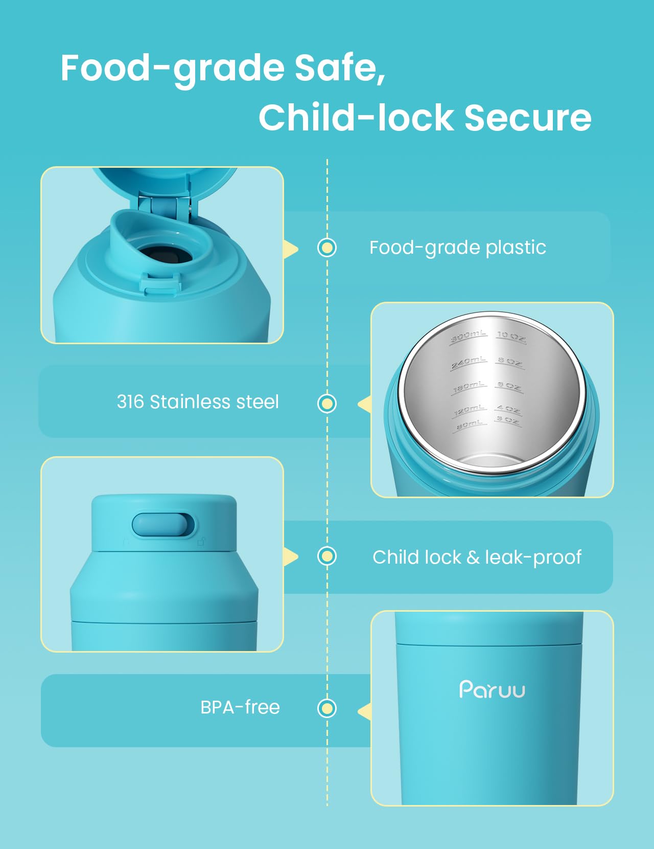 Paruu portable bottle warmer BPA-free materials, baby-safe and easy to clean.