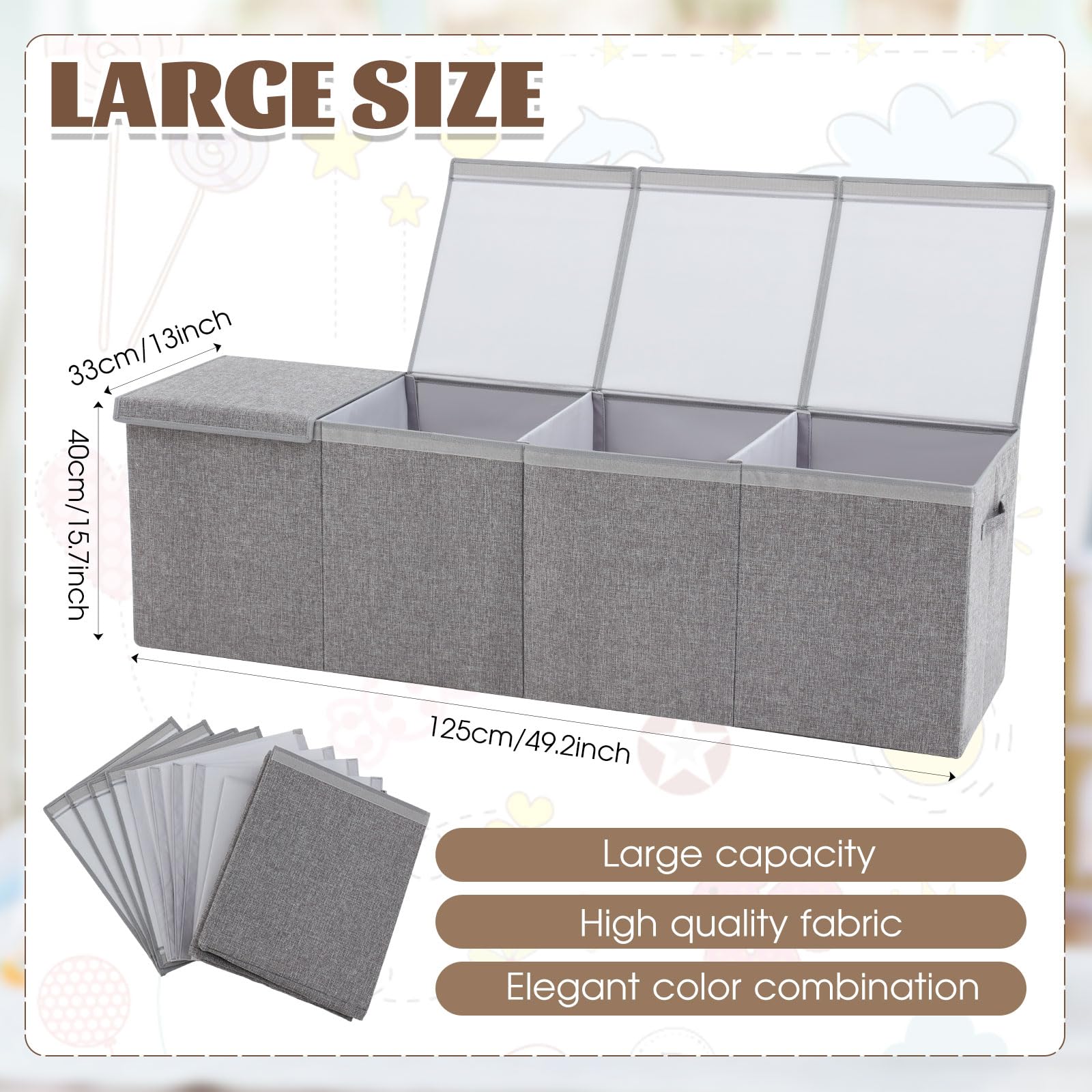 Patelai extra-large toy box gray demonstrates ample storage for toys.