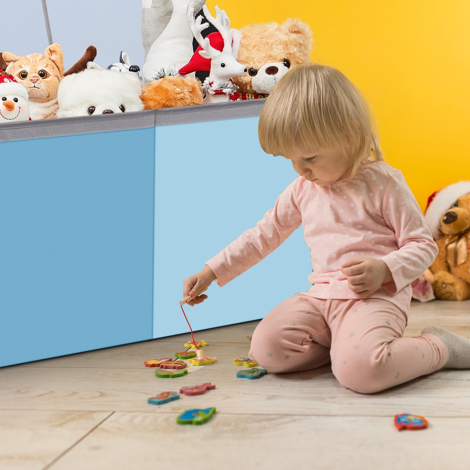 Patelai toy box with removable dividers enables flexible organization for toys and linens.