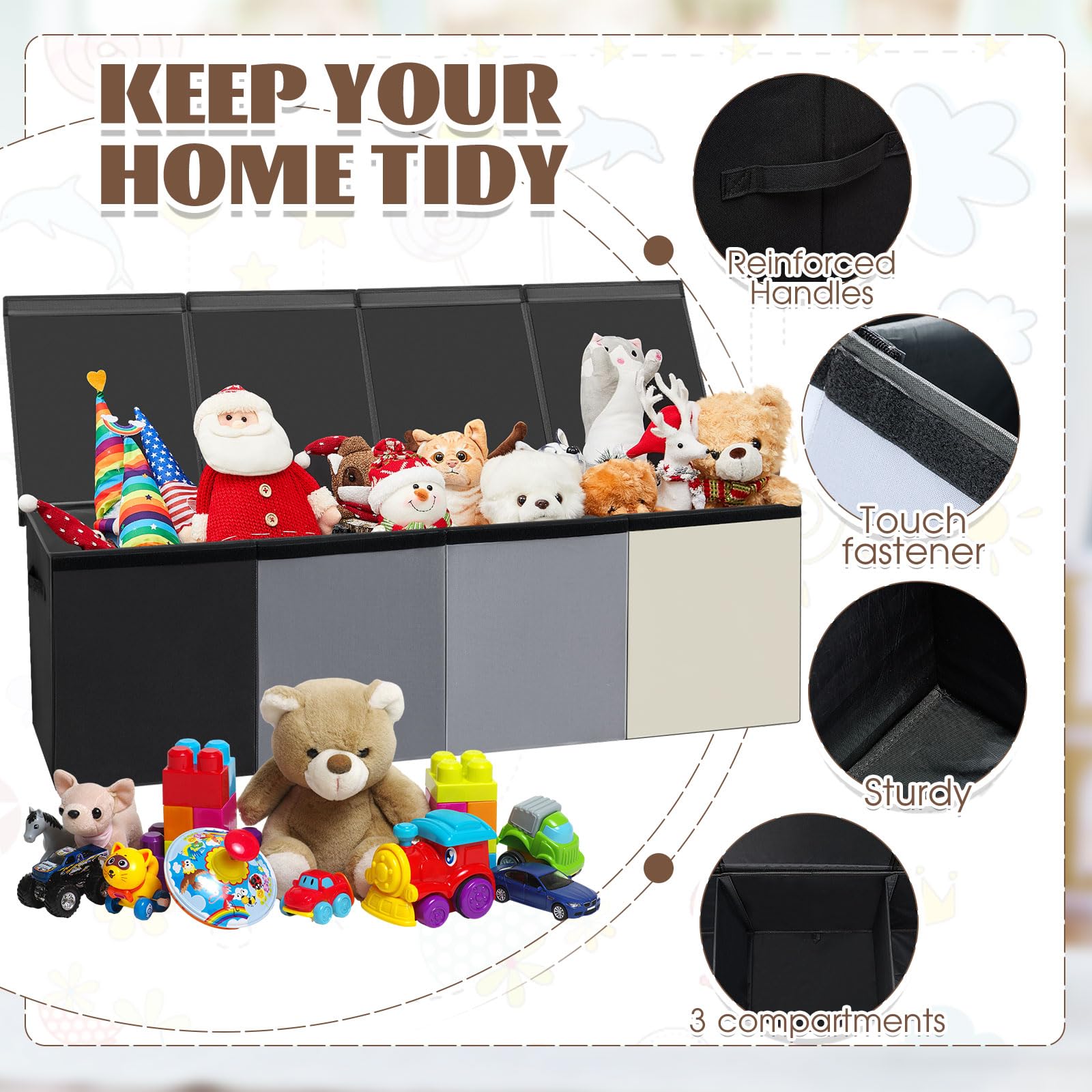Patelai extra large toy box side collapse demonstrates space-saving design for small rooms.