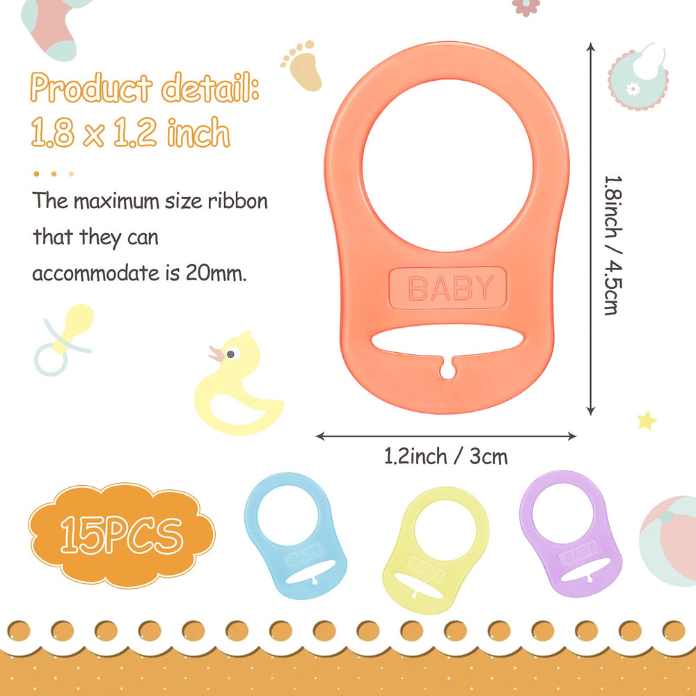 Patelai pacifier clips in varied colors demonstrate easy attachment to clothing.