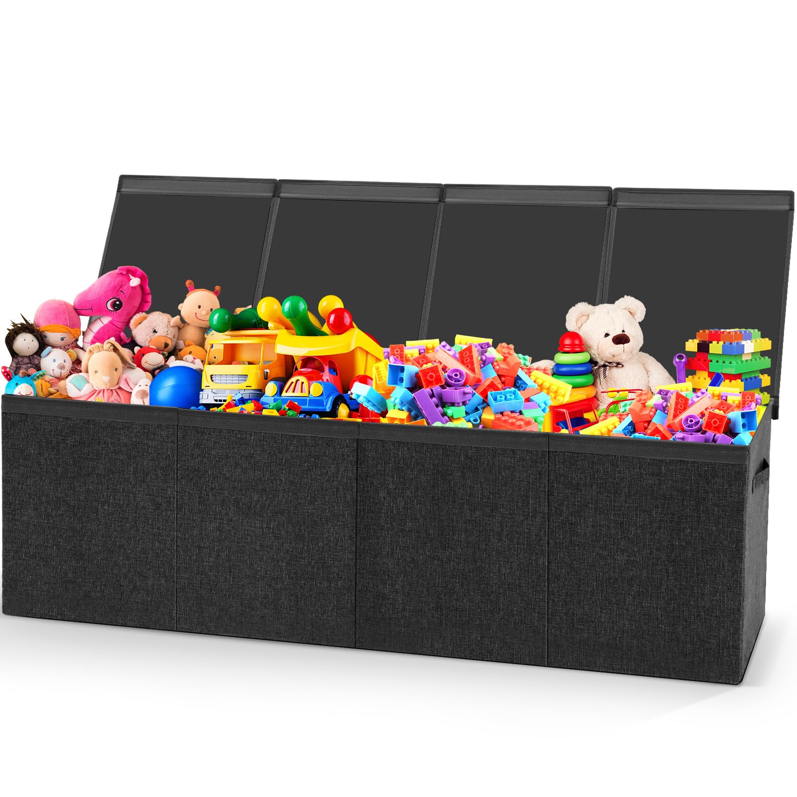 Patelai toy box chest with lids open shows large storage capacity for playroom toys.
