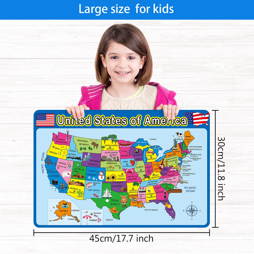 Patelai US Map Placemat showing capitals and metro areas for early geography lessons.