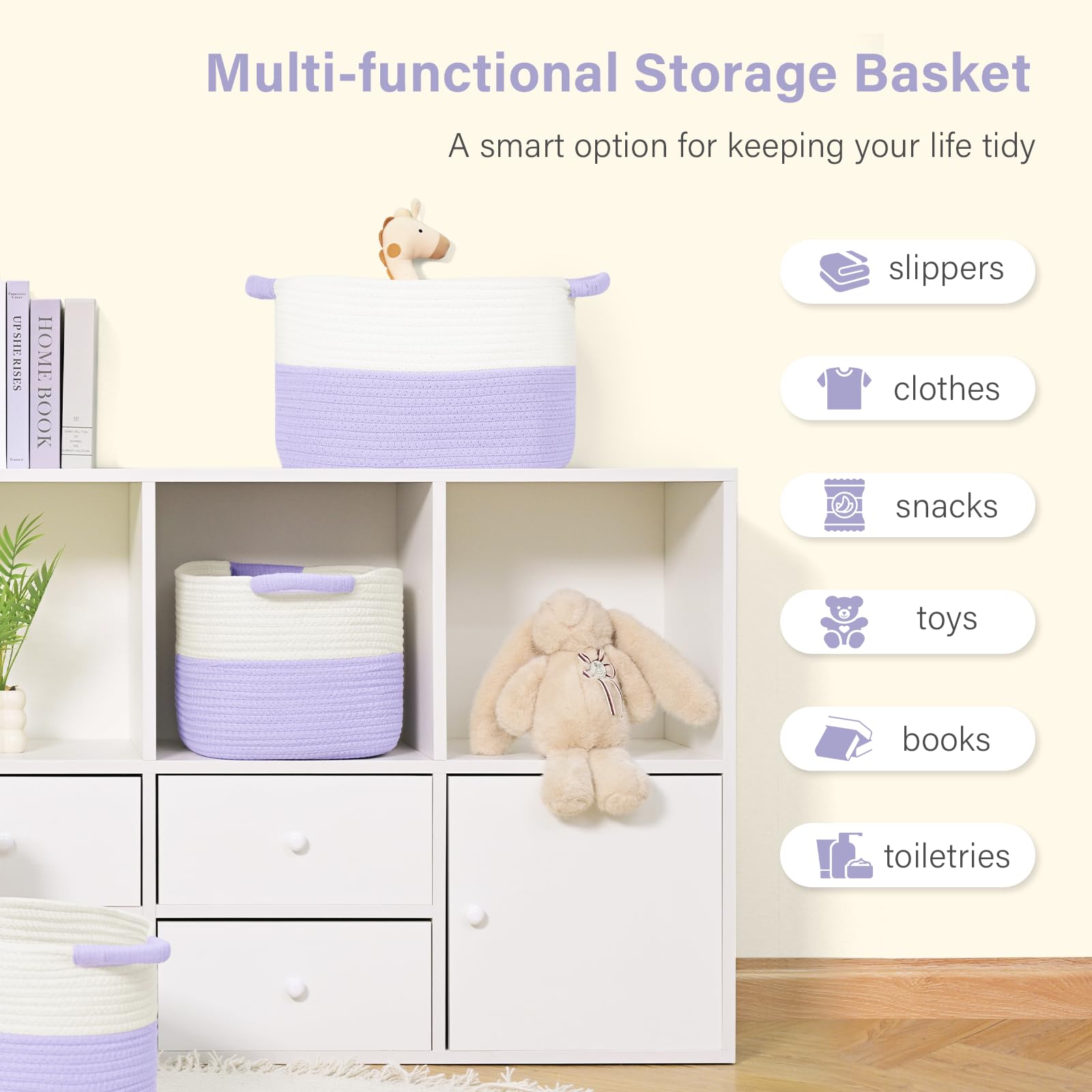 Patvingot nursery storage basket keeps toys and books organized.