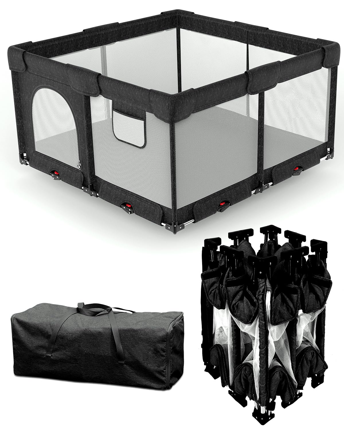 Patywaga foldable playpen in black with mat ready for quick indoor playtime safety