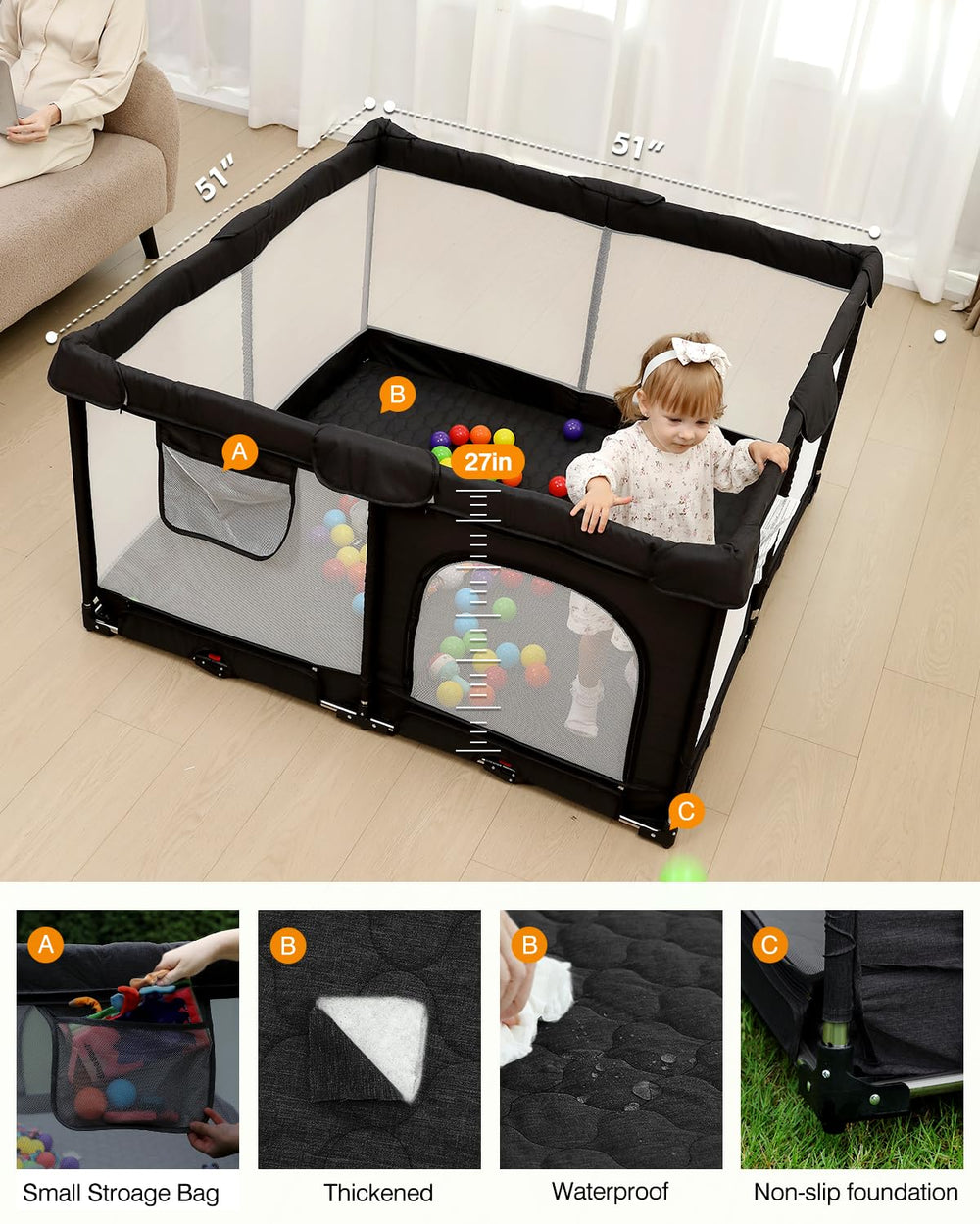 Patywaga playpen side view shows breathable mesh for visibility