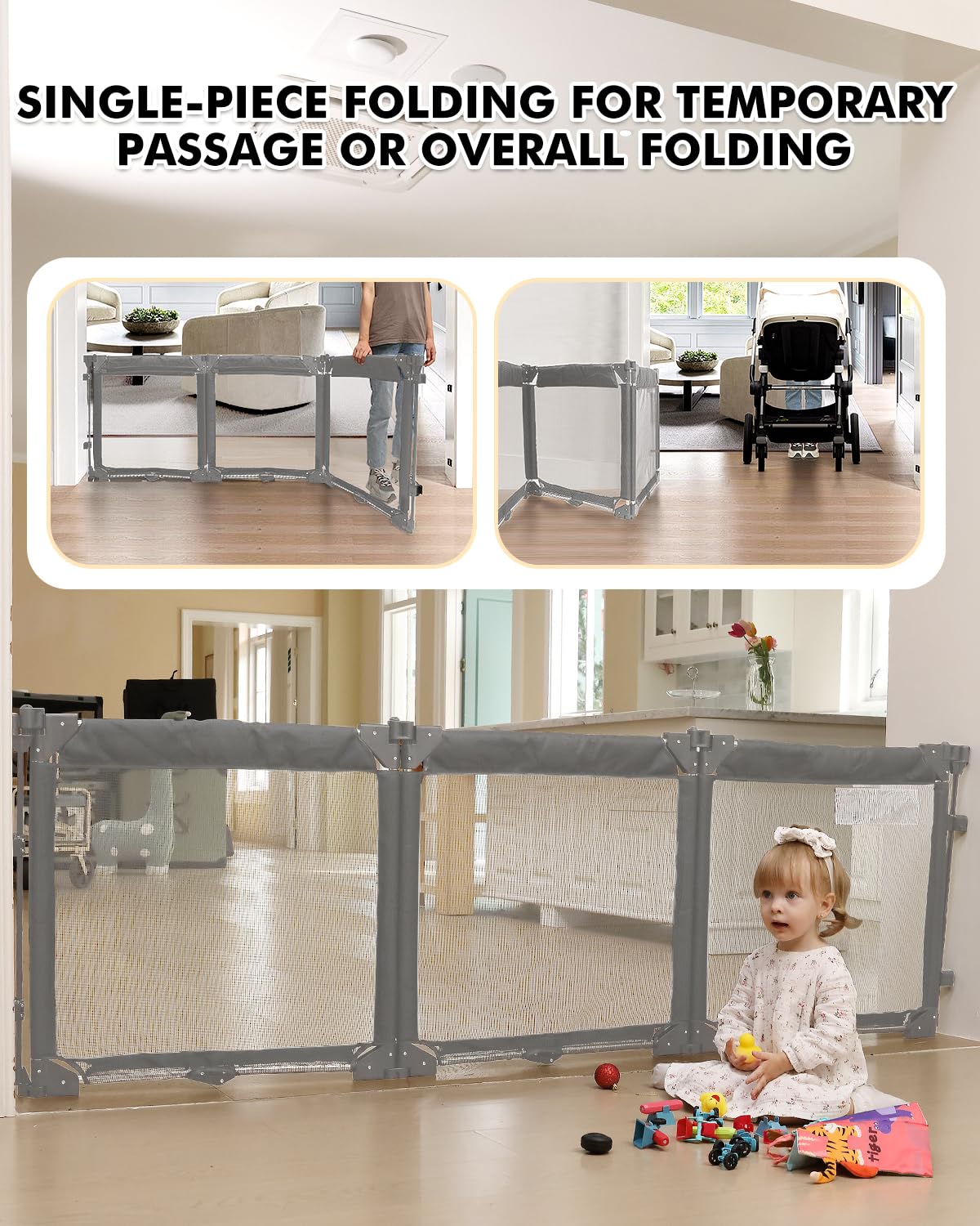 Patywaga portable gate folded for travel fits small spaces between trips.