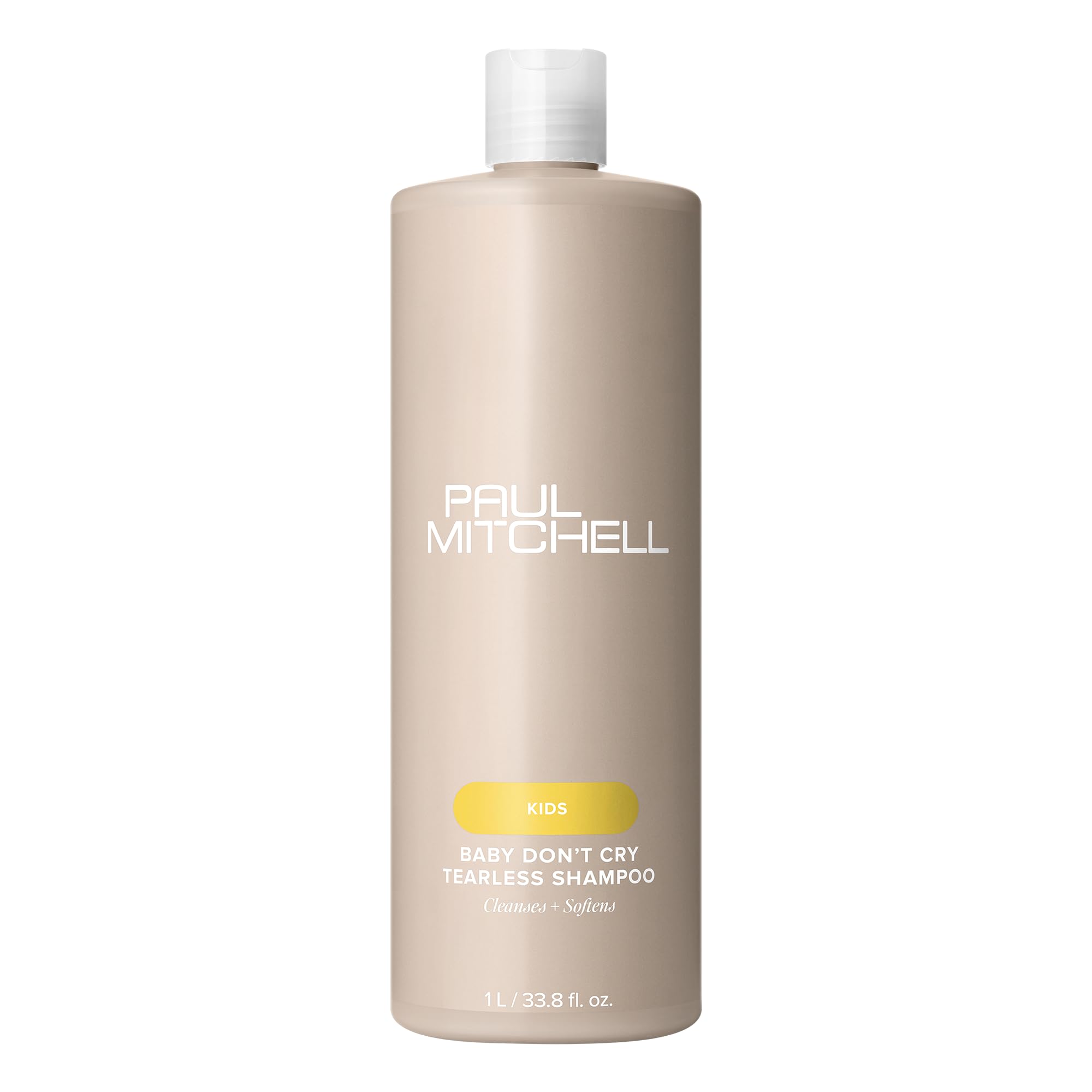 Paul Mitchell Baby Don’t Cry tearless shampoo bottle highlights gentle cleansing for sensitive eyes.