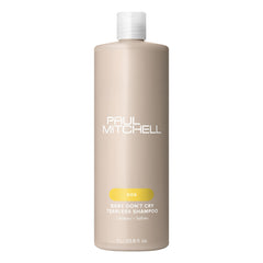 Paul Mitchell Baby Don’t Cry tearless shampoo bottle highlights gentle cleansing for sensitive eyes.