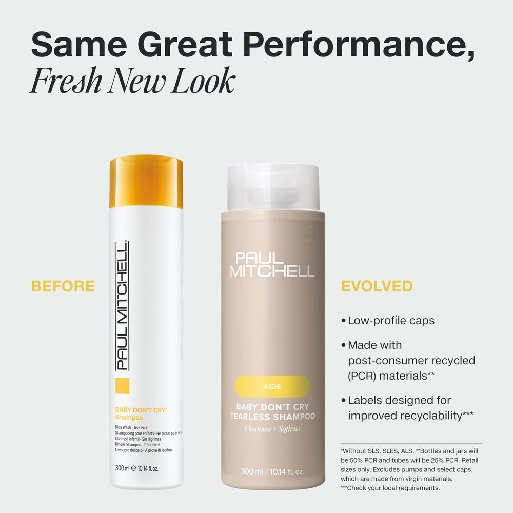 Paul Mitchell Baby Don't Cry label closeup highlighting tear-free neutral pH