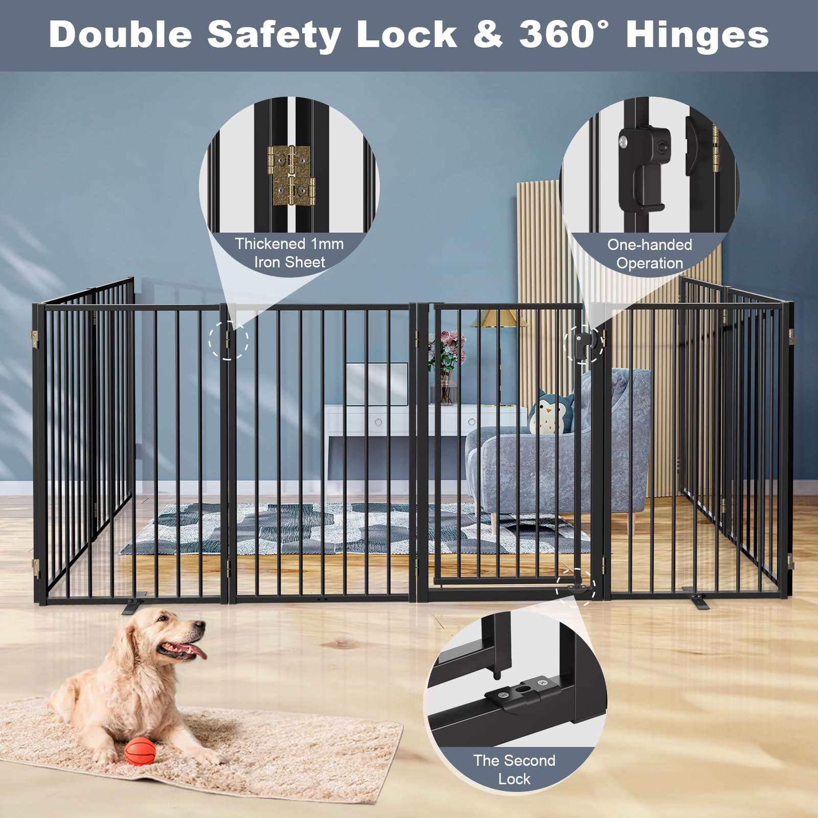 Paulmele dog gate 360-degree hinge close-up shows flexible layout options for various openings.