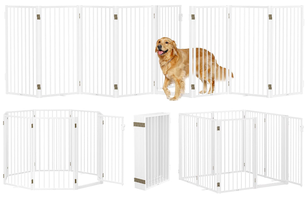 Paulmele metal freestanding dog gate with eight panels, ideal for wide doorway access and pet containment.