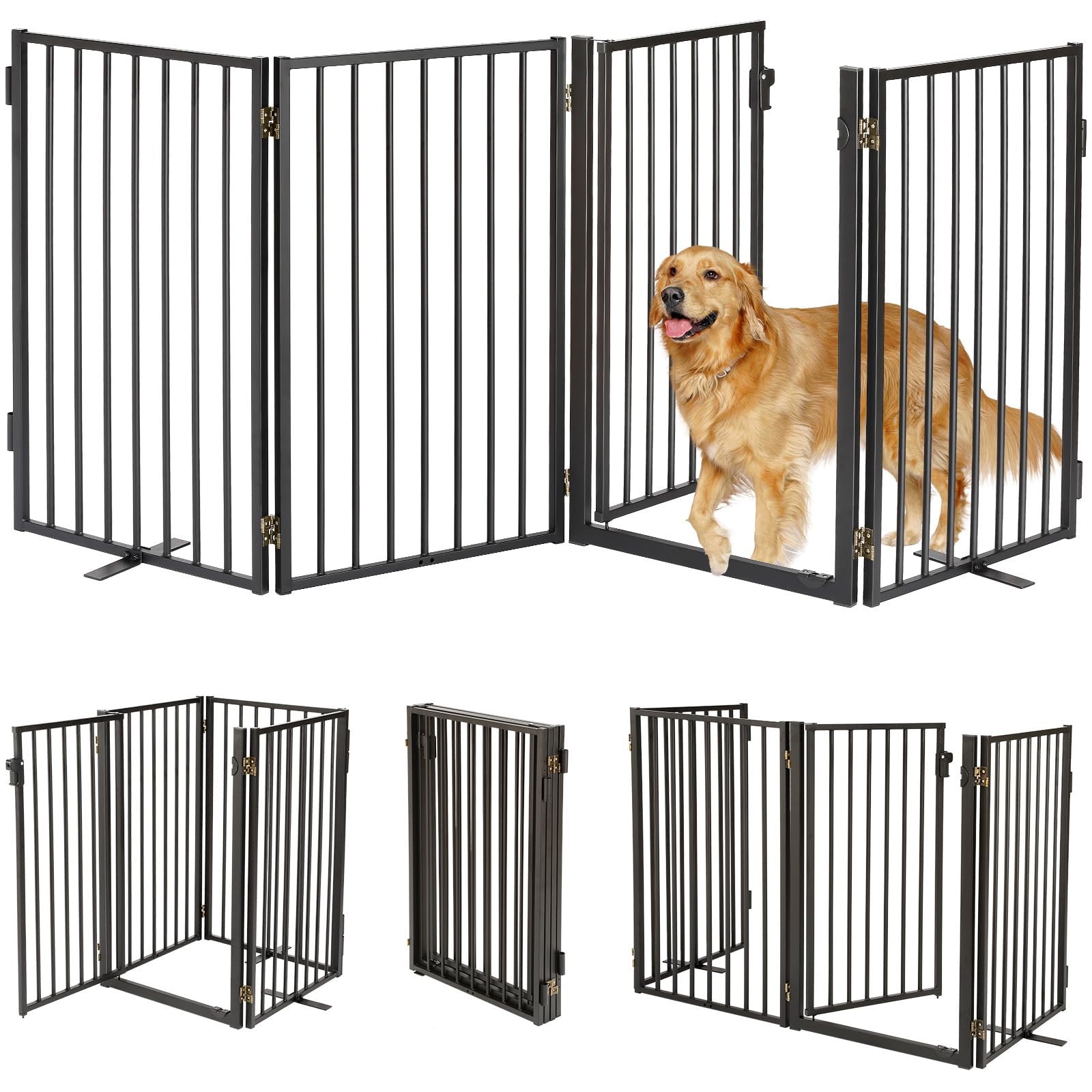 Paulmele metal freestanding dog gate 80inch-wide showcases sturdy all-metal construction for doorways.