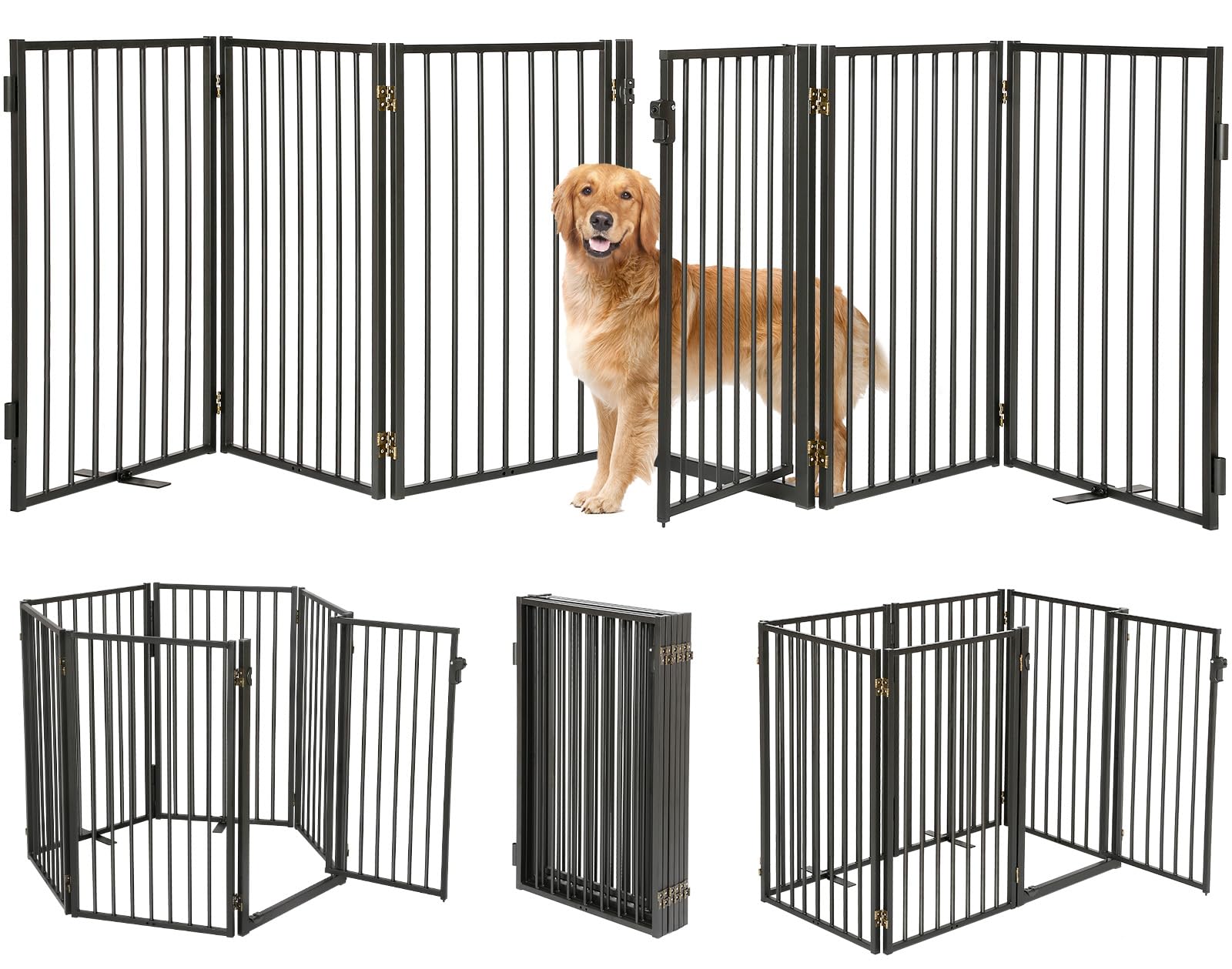 Paulmele metal freestanding dog gate with door for wide doorways and pet separation.