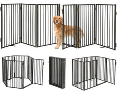 Paulmele metal freestanding dog gate with door for wide doorways and pet separation.