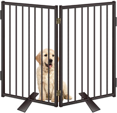 Paulmele metal freestanding dog gate with door in doorway keeps pets contained.