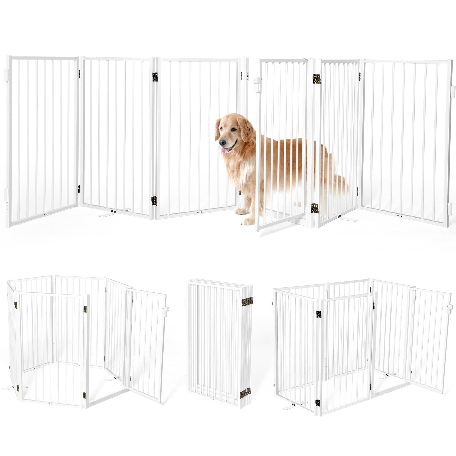 Paulmele metal freestanding dog gate full width shows wide 120-inch coverage