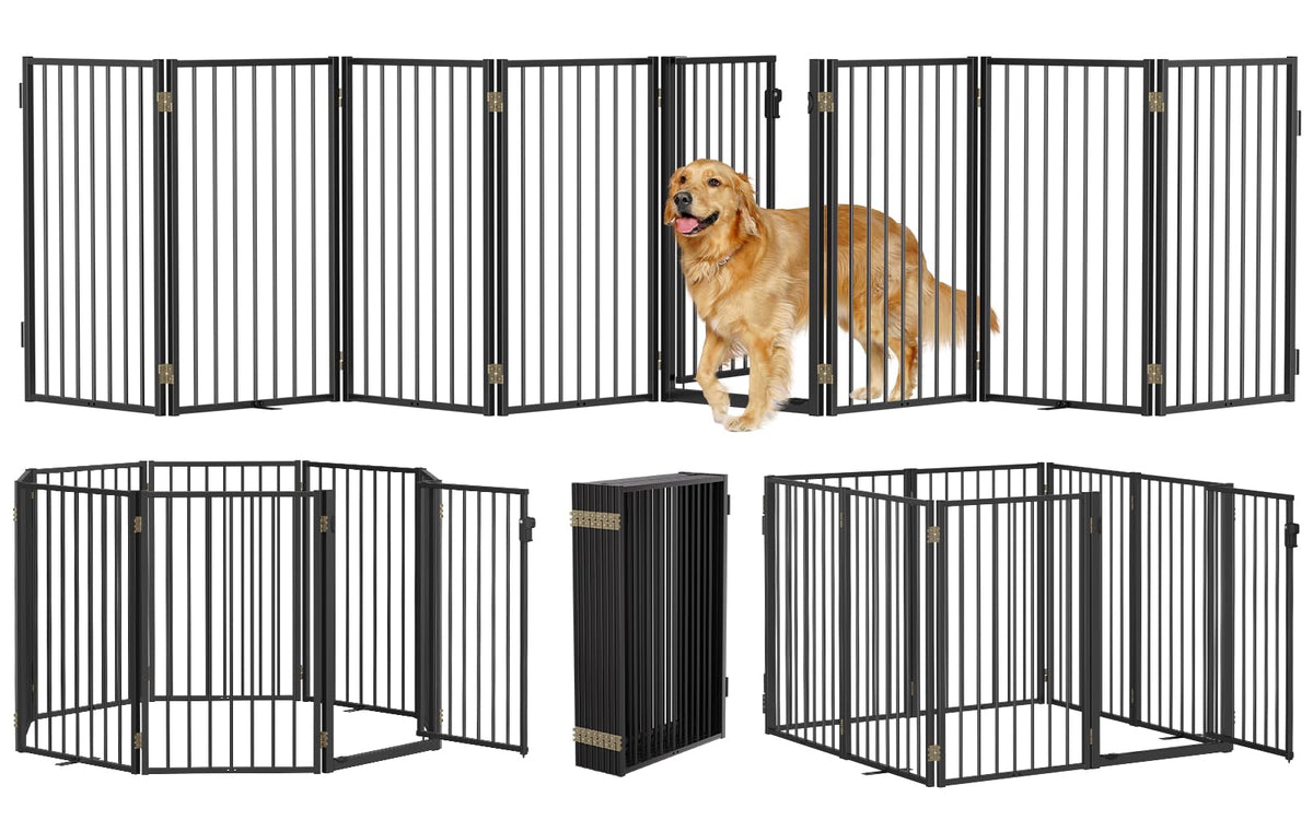 Paulmele metal freestanding dog gate wide view demonstrates expansive doorway coverage for pets.