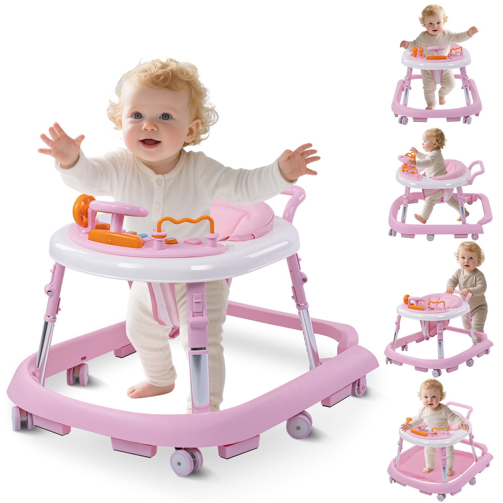 Pausiode foldable baby walker with nine-height adjustments for growing infants