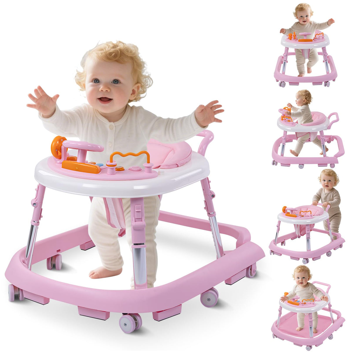 Pausiode foldable baby walker with nine-height adjustments for growing infants