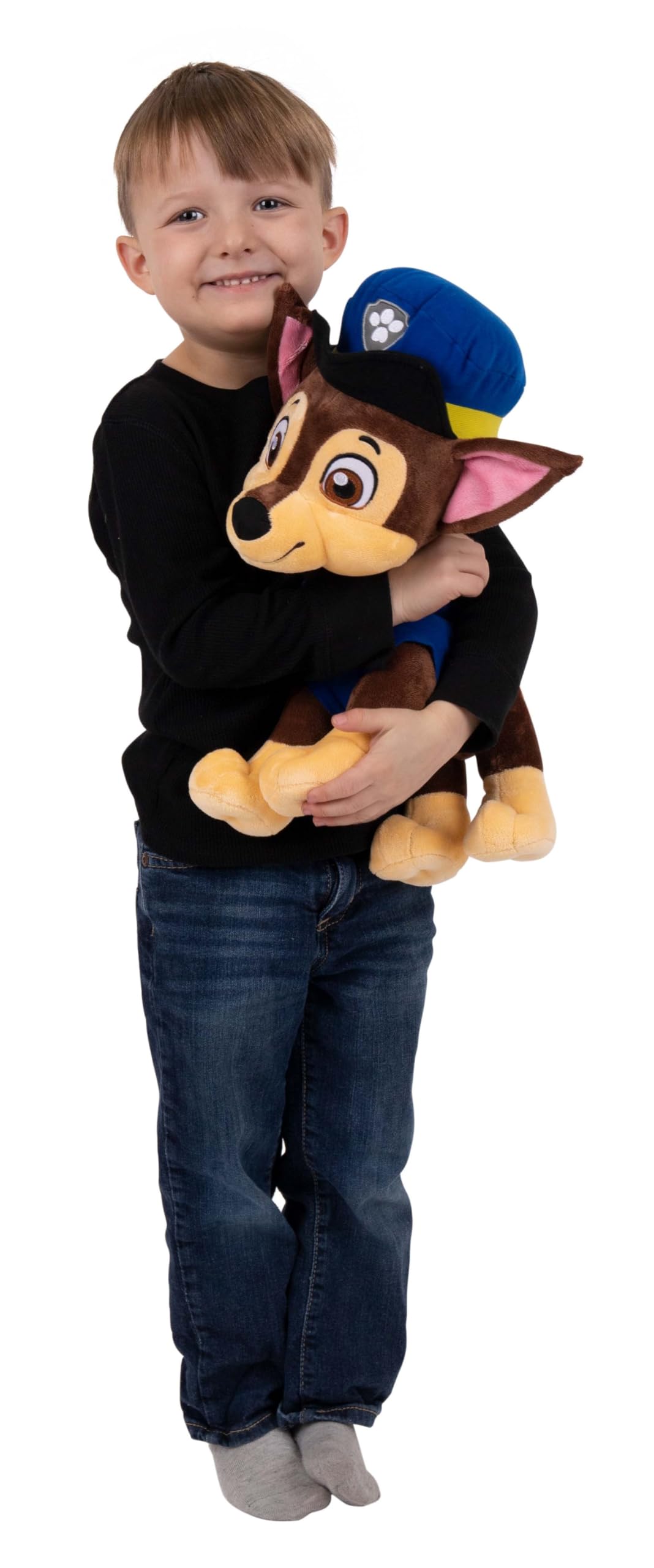 Paw Patrol Chase blue plush cuddle pillow emphasizes huggable comfort.