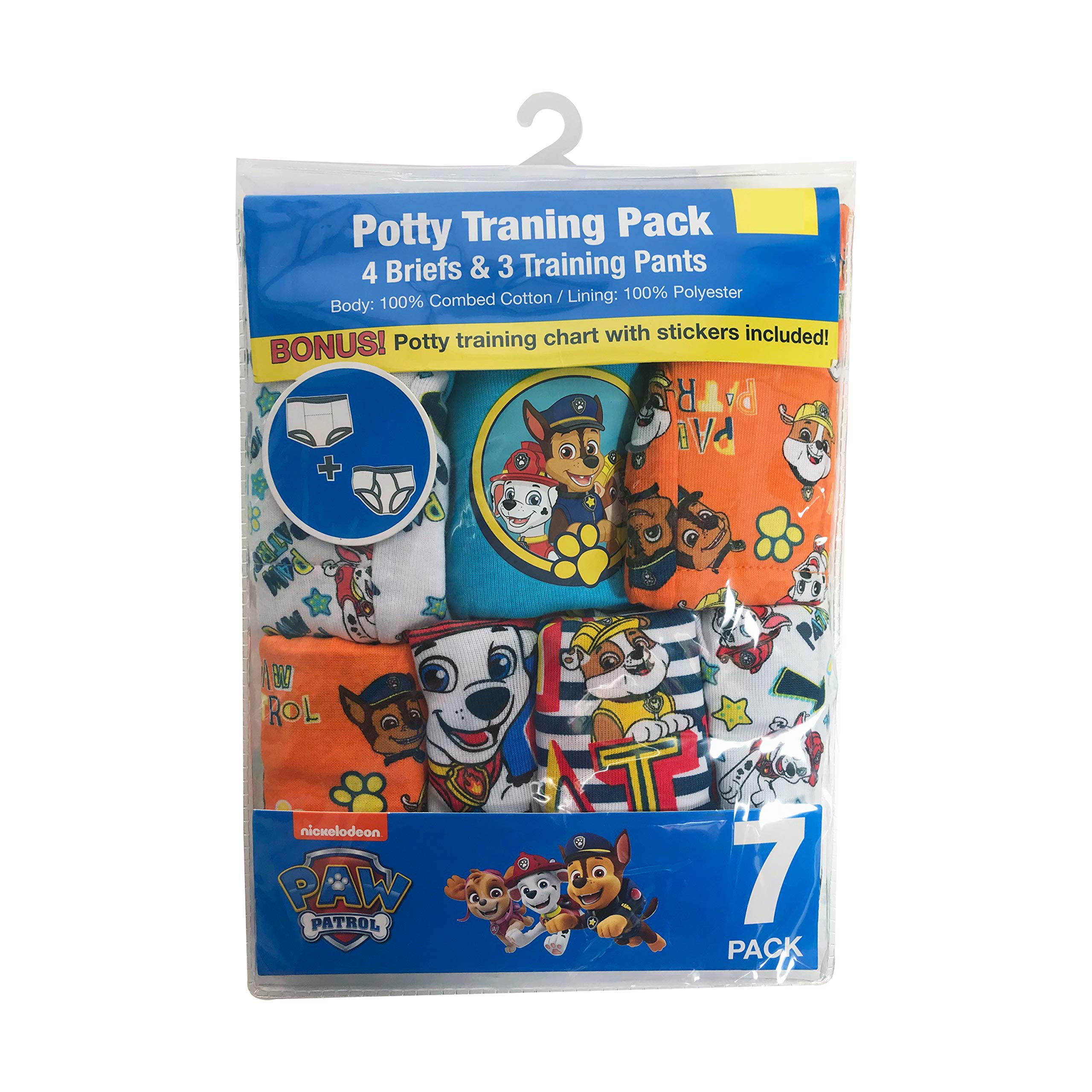 Unpacked Paw Patrol starter kit showing seven-piece potty training set