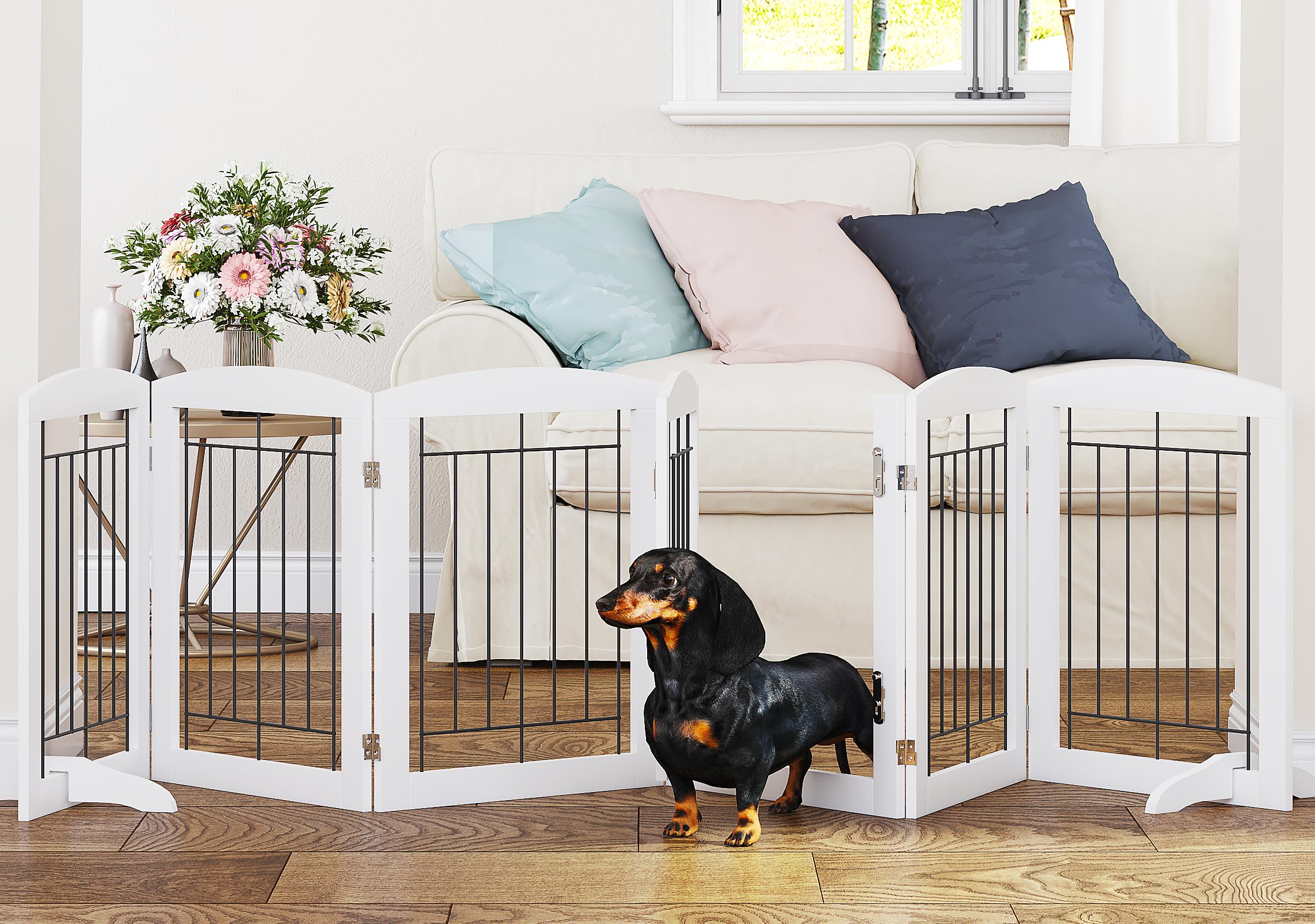 PAWLAND 6-panel dog gate assembled for doorways, secure and freestanding for flexible room layouts.
