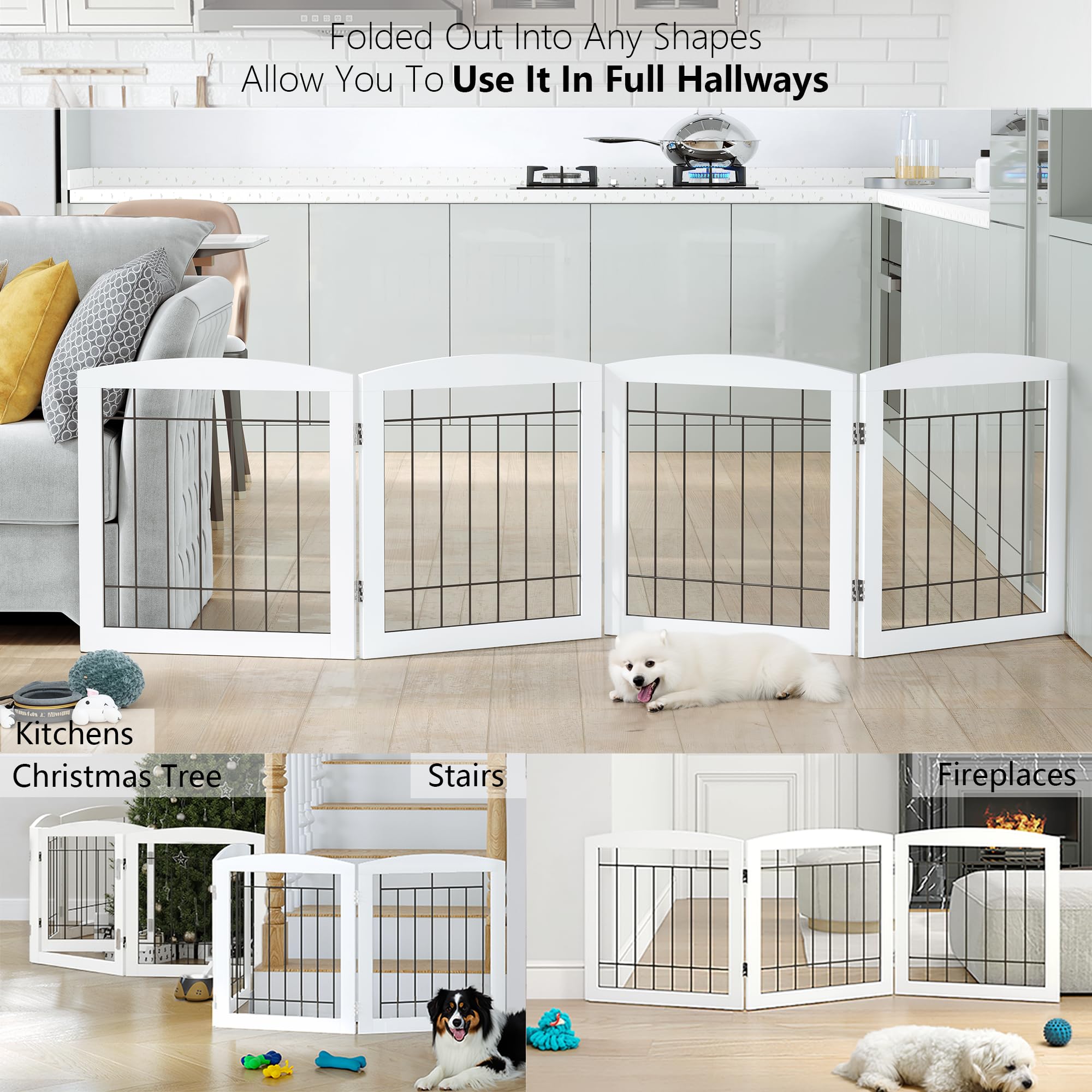 PAWLAND dog gate in hallway demonstrates accordion-style assembly for flexible room dividers.