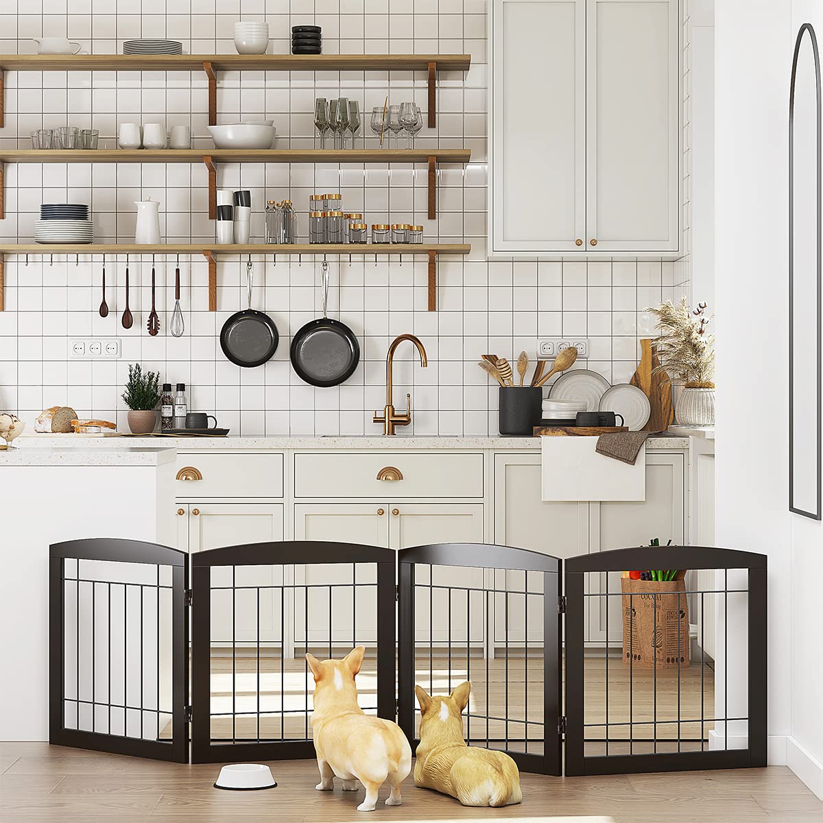 PAWLAND dog gate expanded in Z-shape for wide doorway coverage