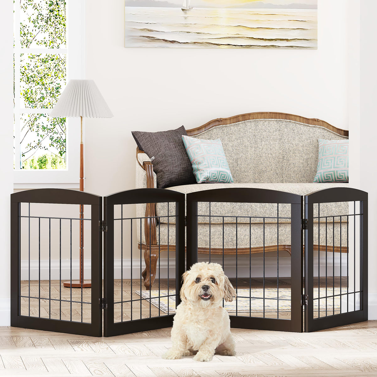 PAWLAND foldable 4-panel espresso dog gate for versatile hallway barrier
