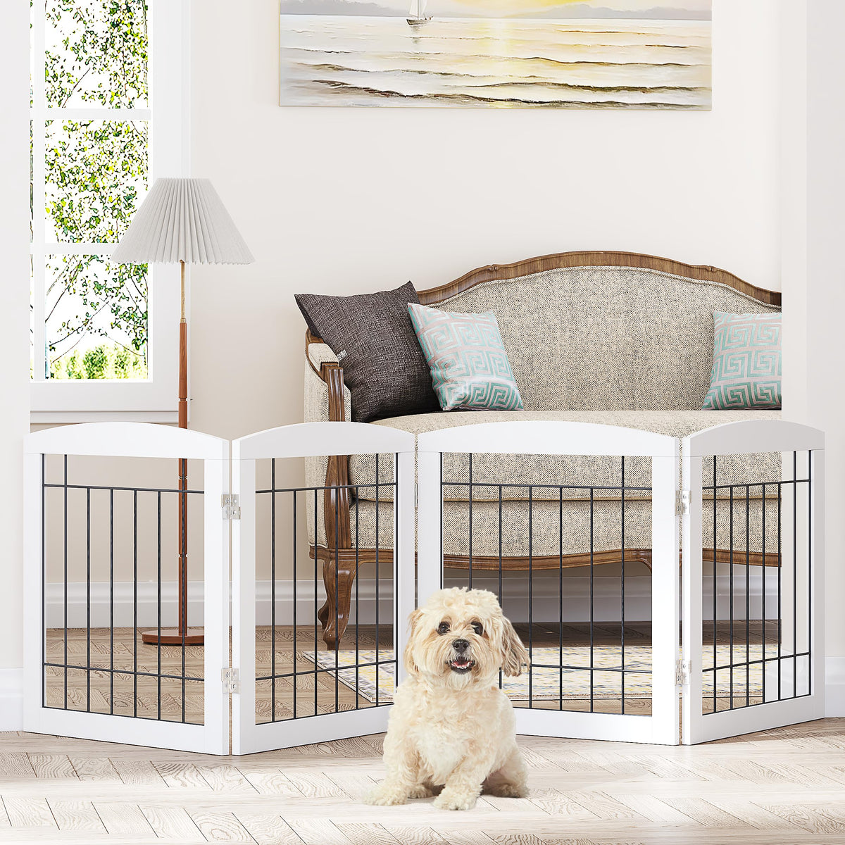 PAWLAND dog gate folds into a compact panel for easy hallway storage and quick setup.