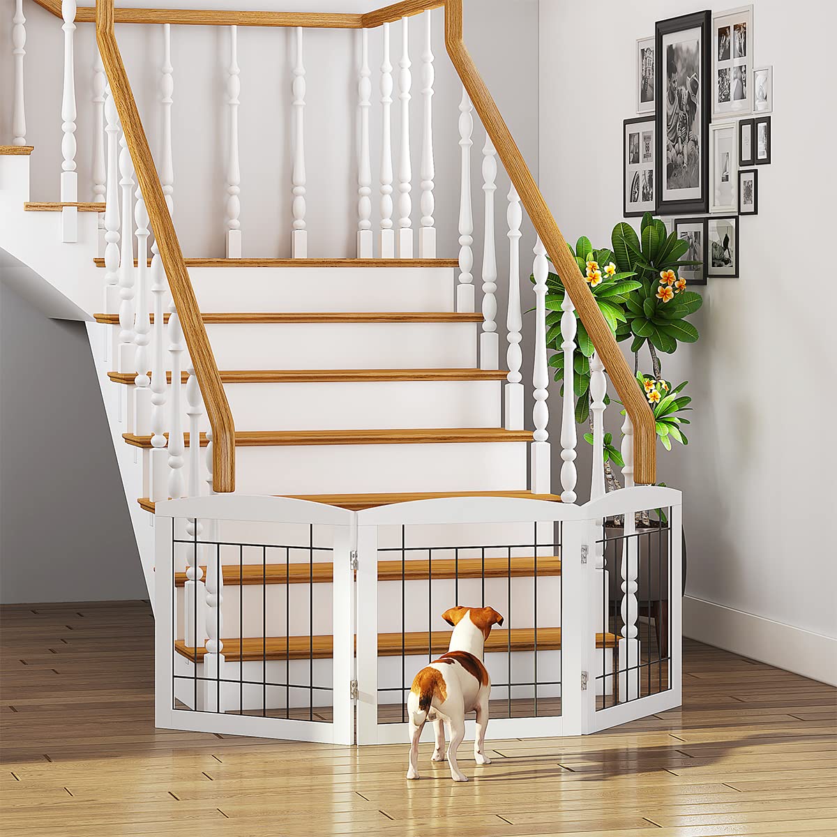 PAWLAND gate in use at stairs showing secure, free-standing placement.