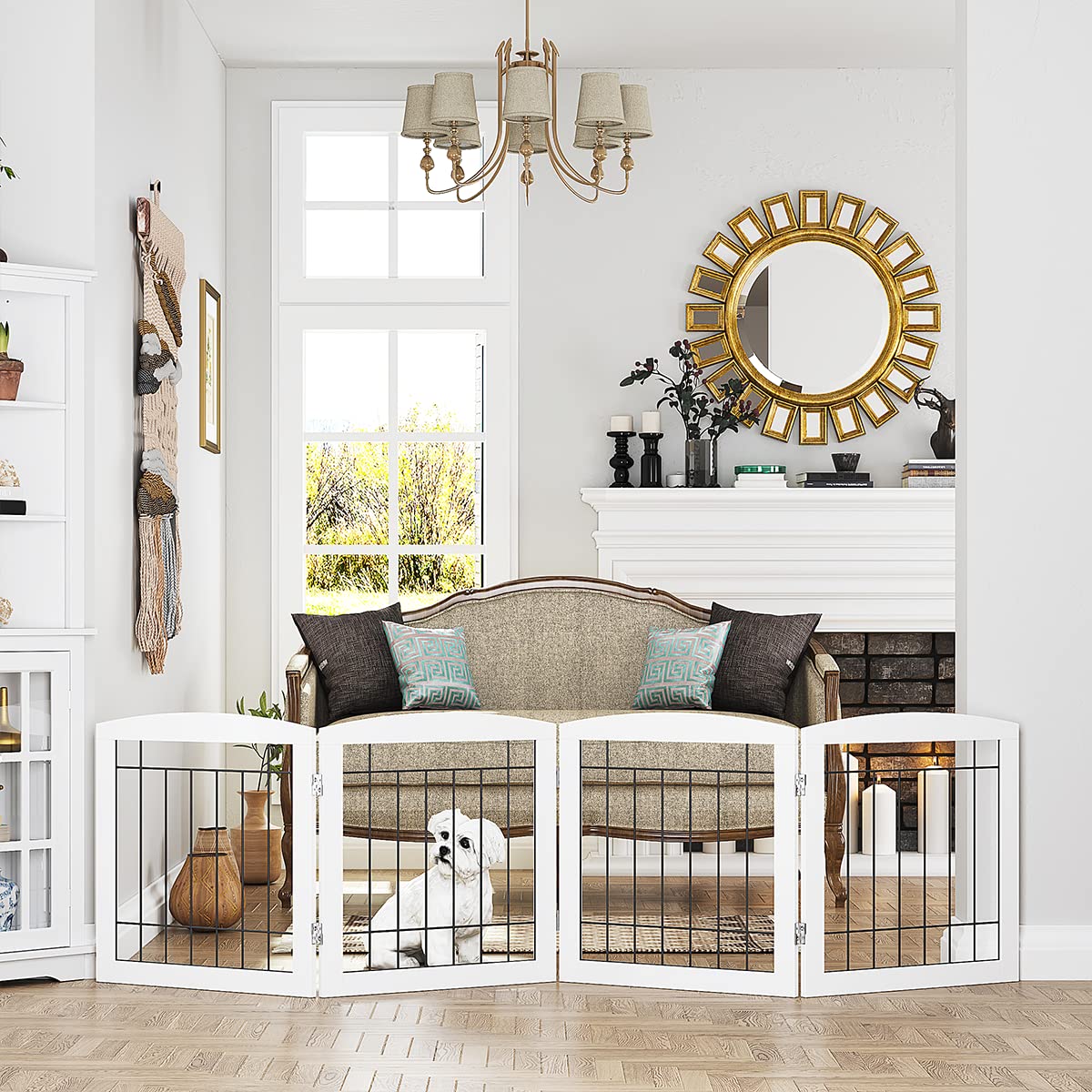 PAWLAND dog gate opens wide to block doorways and stair landings without drilling.