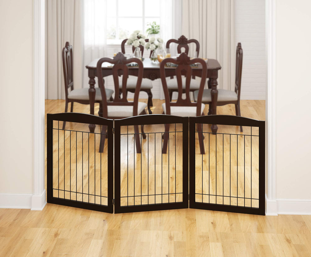 PAWLAND espresso wood gate in doorway shows versatile placement and sturdy construction