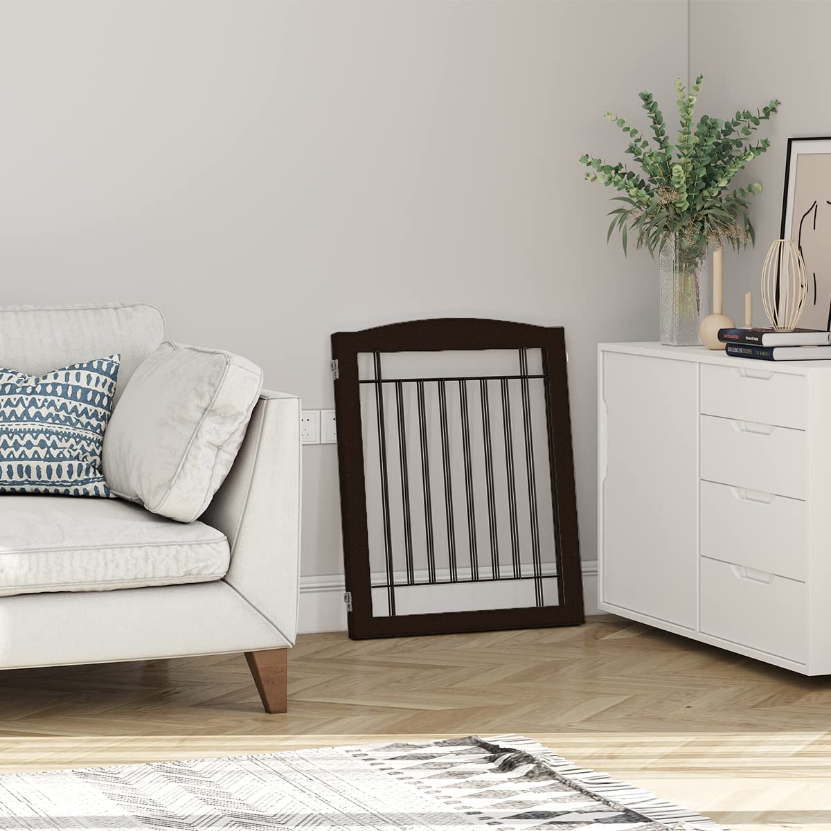 PAWLAND espresso gate in living area enhances pet safety during daily routines