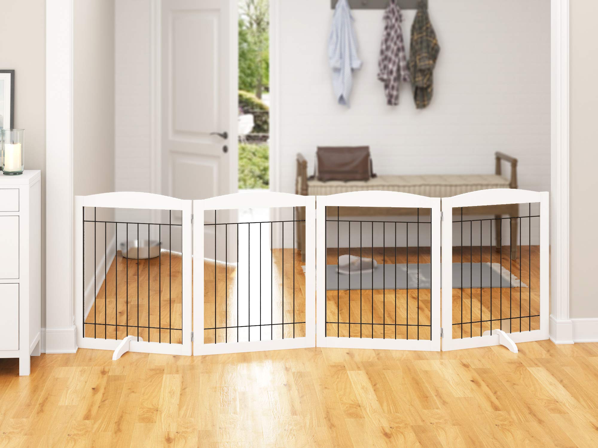 PAWLAND extra-wide dog gate four-panel layout blocks stairs and doors while maintaining airflow.