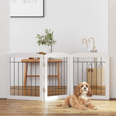PAWLAND free-standing dog gate assembled shows sturdy design and room-dividing capability.